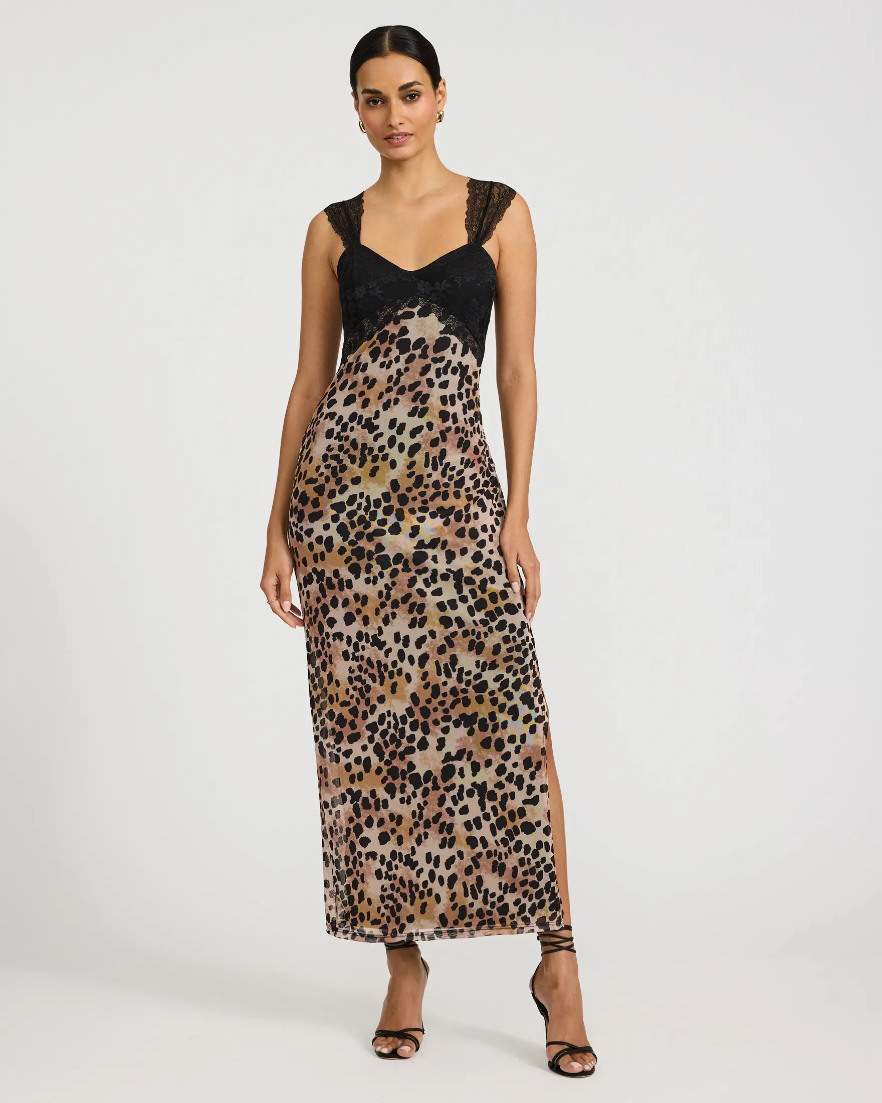 Express Mesh Leopard Sweetheart Lace Pieced Maxi Dress