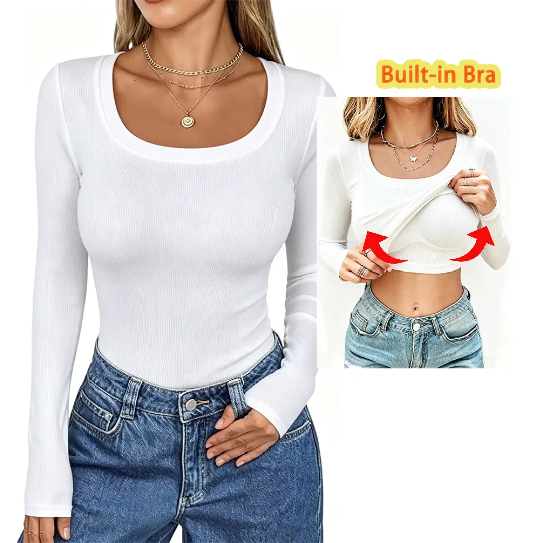 Women Built-in Bra Tops Long Sleeve Casual Shirts U Neck Ribbed Fitted Tank Tops