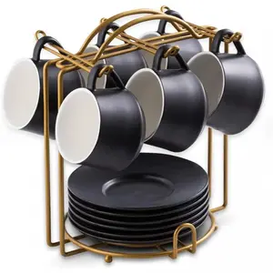 Coffee Espresso Cups with Saucers Set with Cup Holder 4 oz, Set of 6 - Demitasse Cups Black