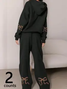 Women's Casual Homewear Set for Fall and Winter, Leopard Print Long Sleeve Hoodie and Pants Set, Comfortable and Warm Two Piece Womenswear Matching