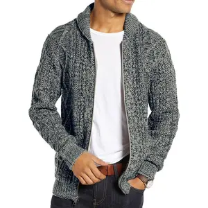 PASLTER Mens Shawl Neck Cardigan Sweater Cable Knit Zip Up Closure with Pockets Winter Jacket Outerwear Knitwear Menswear
