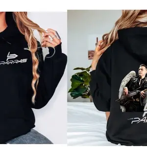 Los Parras Singer Fan Hoodie - Black Pullover with Hood, Long Sleeve, and Letter Pattern