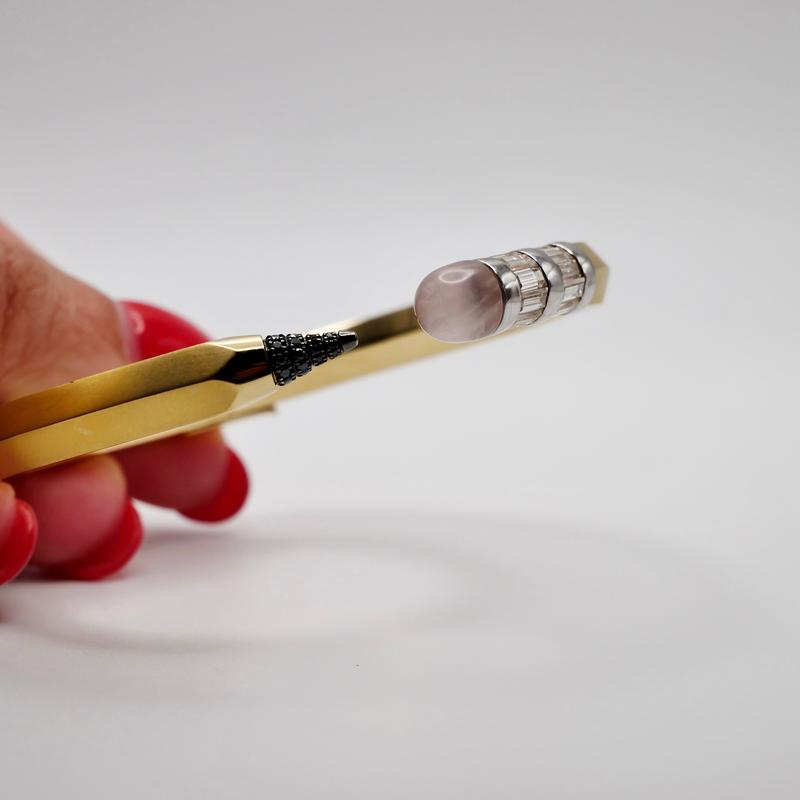 18K Solid Gold Pencil Bracelet Bangle with Moissanite and Pink Nephrite