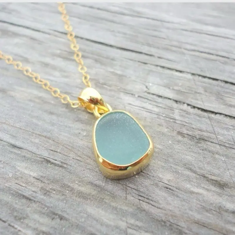 Sea Stamped Petite Sea Glass Gold Pendant Necklace Gold Plated Beach Glass Jewelry Ocean Jewelry  Beach Jewelry Gold Coastal Charm Necklace Minimalist