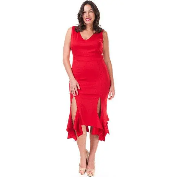 Women's Plus Size Elegant Fitted Red Sleeveless V-Neck Knee-Length Sheath Dress - Stretch Polyester-Spandex Fabric with Ruffled Double Slit Hem