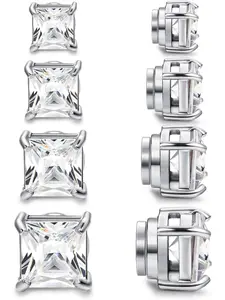 4 Pairs Stainless Steel Magnetic Stud Earrings Casual for Men Women Round/Square CZ Inlaid Magnetic Earrings Non-Piercing CZ Clip on Stud Earring 3 Colors 5-8mm