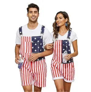 Bindefon American Flag Overalls Men and Women Stretch Denim Bib Shorts USA 4th of July Outfit with Zipper