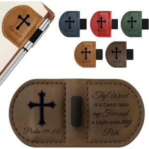 Magnetic leather bookmark pen holder-Bible verse scripture design, customized bookmarks for book lovers (Brown Psalm 119:105).