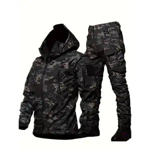 320g/m² Fabric Weight 90.5% Polyester Men's Tactical Winter Set - Military Outdoor Windproof Suit with Multi-Pocket Hooded Jacket & Cargo Pants, Fleece Lined, Camo Pattern, Long Sleeve, Regular Fit, 9.5% Spandex, Sports Style, Fall/Winter C