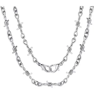 ChainsHouse Barbed Wire Necklace Punk Thorns Chain Necklace for Men Women, 5/6/7/9/12MM Wide Stainless Steel/Black Metal/Gold Plated Hiphop Rock Jewelry, 18-22 Inches