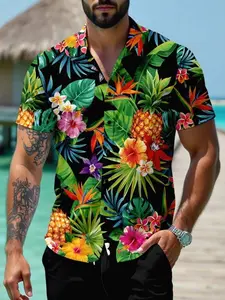 Men's Tropical Hawaiian Shirt Vibrant Floral & Pineapple Print Short Sleeve Button Down Regular Fit Woven Fabric For Summer Luau Shirt Hawaii Shirt For Men