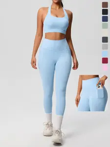 Two-Piece Set Women's Solid Crop Sports Bra & High Waist Leggings Tracksuit Set, Sporty Breathable Comfy for Yoga Gym Workout Running, Ladies Sportswear for All Seasons, Workout Running Clothes, Workout Running Outfits