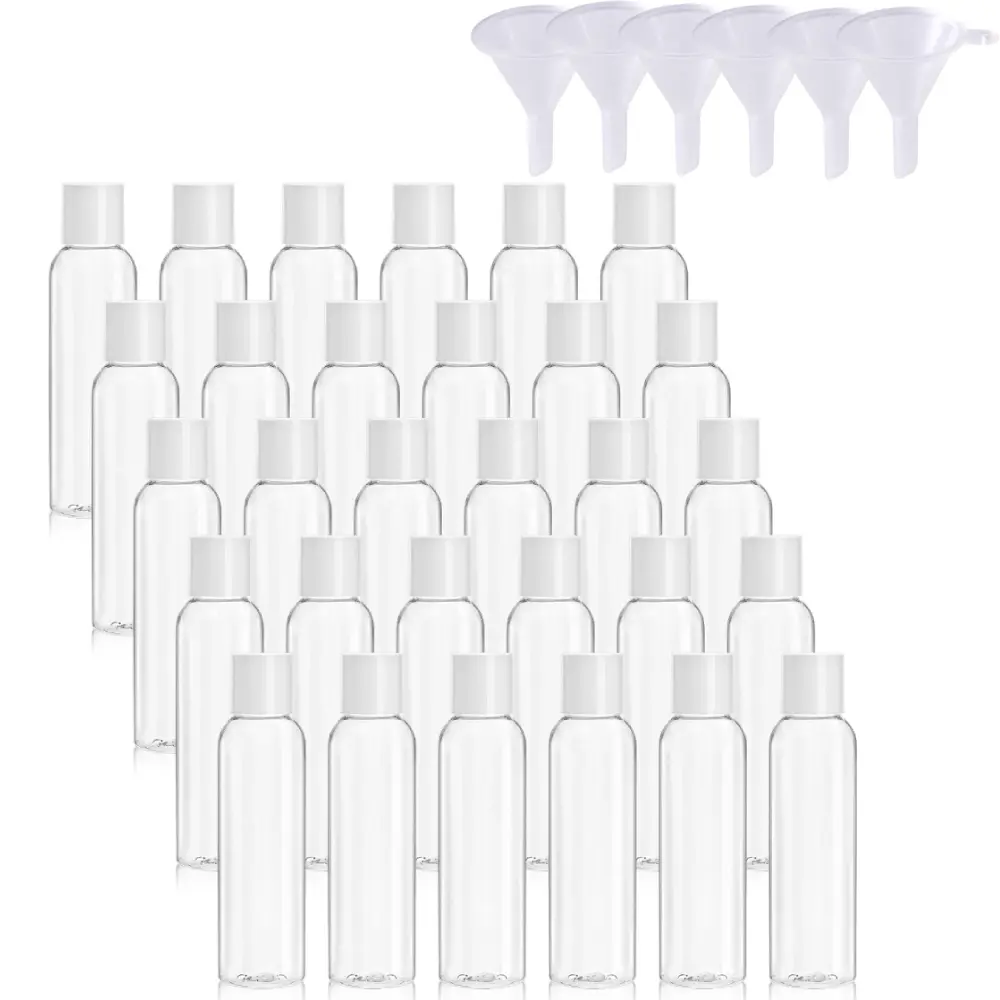 30 pcs 4oz transparent PET small traveling bottle with cover, including 6 pcs funnel, traveling toiletries bottle, refillable plastic squeeze bottle, used for replenishing shampoo, lotion and hand sanitizer