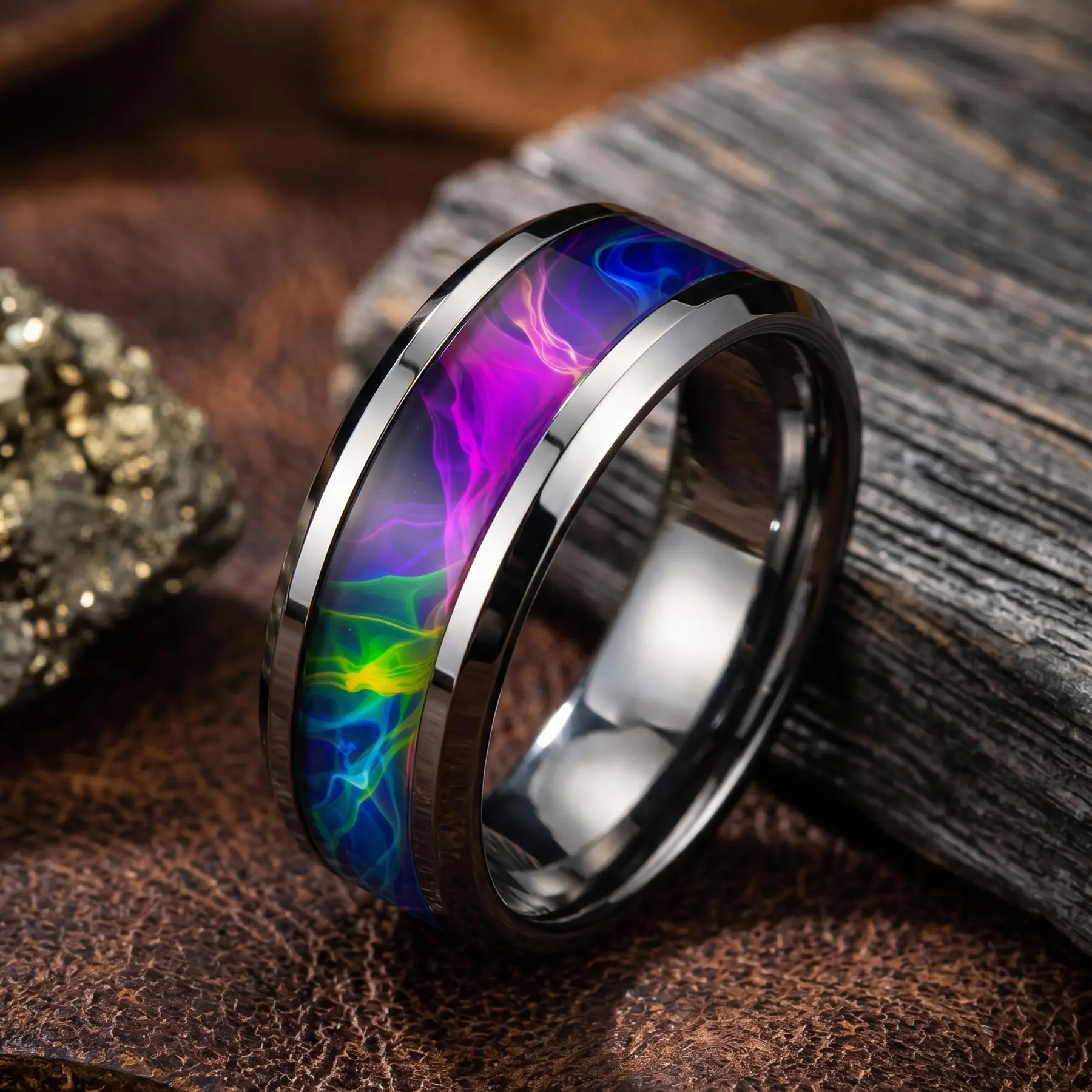 SUNFLOWERZHU Colorful Stainless Steel Rings Men High Polished Wedding Band Engagement Double Beveled Steel Ring