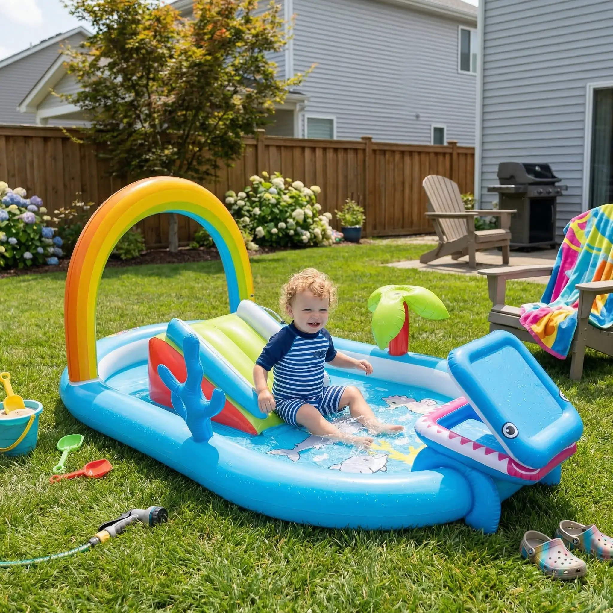 Whubefy PVC Kids Inflatable Play Pool with Mini Water Slide, Rainbow & Palm Tree Sprinkler, Coral Ring Toss, Shark Ball Toss, Ocean Animal Theme, Wet & Dry Use, Perfect Summer Play Center for Toddlers & Ideal Gift for Little Kids, mothersdaygift summervib