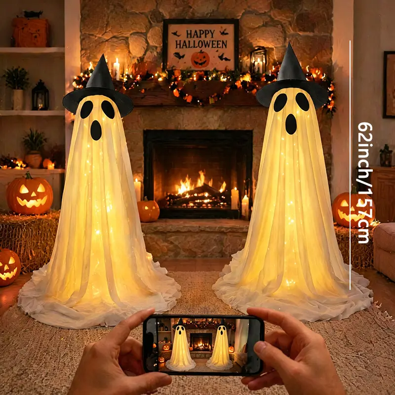 Spooky Cute Ghosts Bright LEDs Light Set Pack - 2-Piece 62in Battery-Powered Decor with Light String, Easy-to-Assemble Festive Home Gift for Front Door, Porch, Spooky Fun Halloween Aesthetic