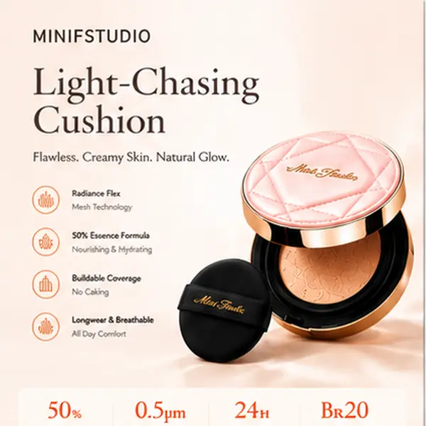 MINIFSTUDIO Cushion Foundation for Natural Glow Makeup – Hydrating & Breathable Skin Like Finish Concealer Cosmetic Moisturizer Hydrate Moisture Moisturizing