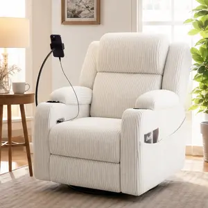 ARCH Electric Power Recliner Chair - Elevated Home Recliners, 270° Swivel Rocker Glider, Corduroy Beige, Push Button Reclining, Heat, Massage, Phone Holder, USB Ports, Hidden Storage, Cup Holder, Side Pockets, for Living Room, Nursery