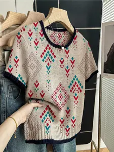 Women's Vintage Ethnic Geometric Arrow Print Round Neck Sweater, Casual Short Sleeve Knitwear for Spring Summer Fall, Comfortable Warm Clothing