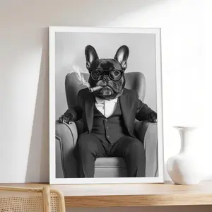 French Bulldog Smoking Black And White,Pet & Animal Canvas Print, Minimalist & Neutral-Style Poster, Bedroom Aesthetic Wall Decor.