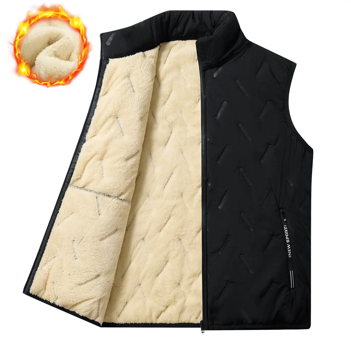 Men's Casual Fitted Woven Gilet, Thermal Padded Polyester Vest with Pockets, Fleece-Lined Stand Collar for Outdoor Activities