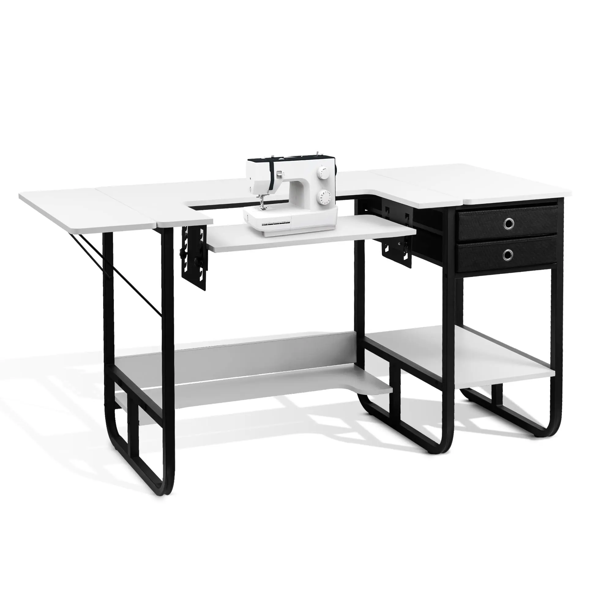 Foldable Sewing Machine Table, Multipurpose Sewing Table with Adjustable Platform, Storage Shelf and 2 Cloth Drawers (Warm White)