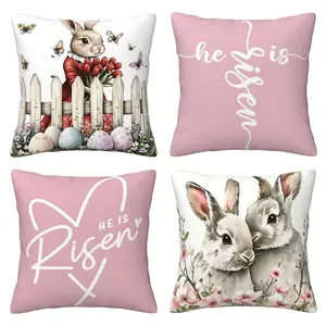 Christian Easter decorative pillowcase with patterns of "He Has Resurrected", rabbit, flower, Easter egg, fashionable and unique, suitable for chairs, living rooms, sofas, 4-piece pink housewarming gift set with double-sided printing