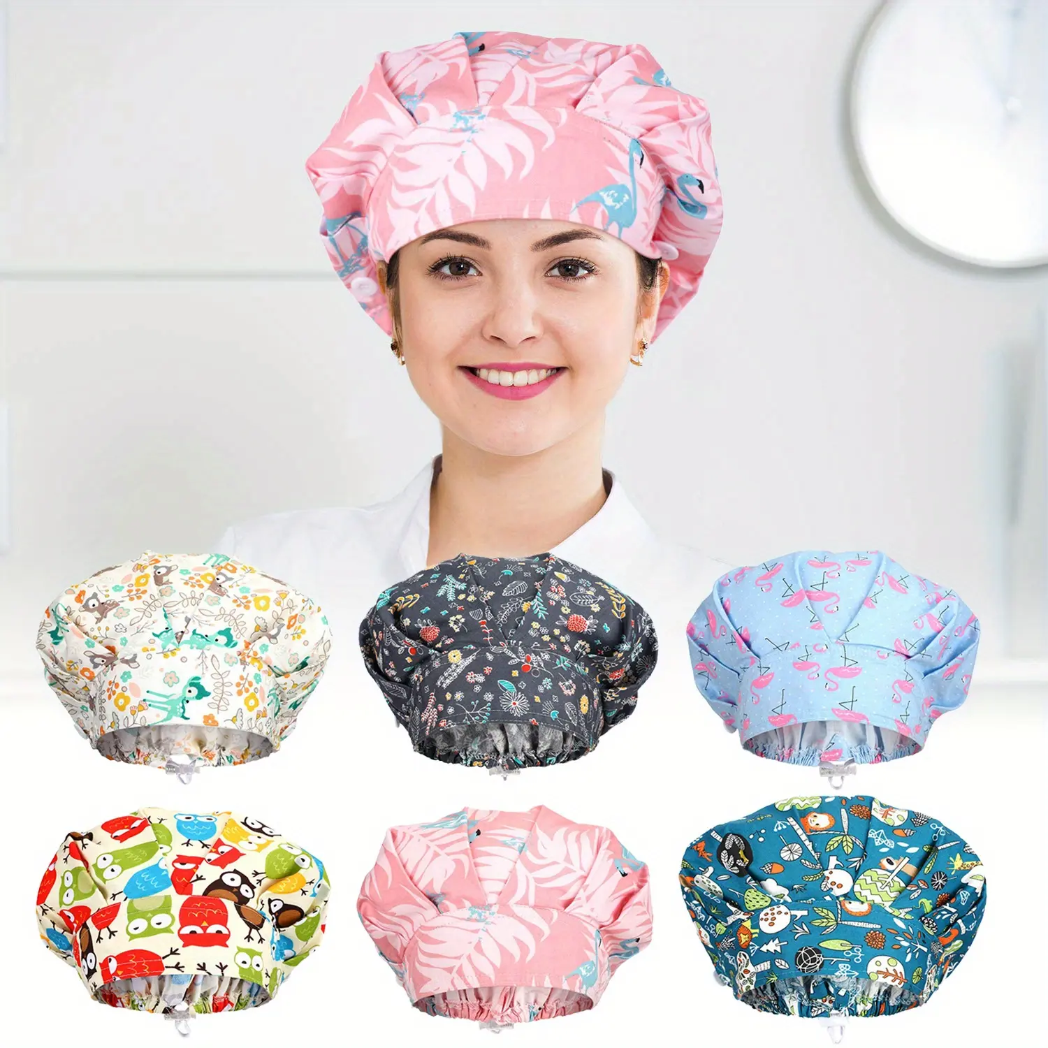 6 Pcs Flower Bouffant Scrub Caps with Buttons, Nurse Working Hats Surgical Caps with Sweatband for Women Men