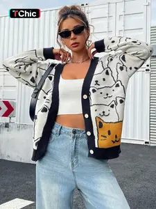 Women's Cat Print Button Front Cardigan, Casual Long Sleeve Sweater for Fall & Winter, Trendy Knitwear for Young Adults, Womenswear, Knit Sweater Clothing