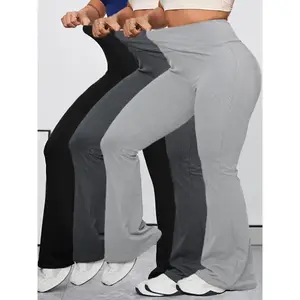 3pcs High Waist Plus Size Women's Sports Leggings, Flared Long Pants in Solid Color, Elasticity for Outdoor Leisure RunningGift