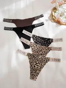 Women's Leopard & Letter Print Rhinestone Decor Thong, Soft Comfy Breathable Drop Waist Panty for Daily Wear, Underwear for All Seasons, Summer Outfits 2024