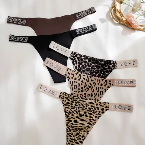 Women's Leopard & Letter Print Rhinestone Decor Casual Chic Style Fitted Thong, Soft Comfy Breathable Stretchy Jersey Drop Waist Panty for Daily Wear, Underwear for All Seasons, Fitted Panties