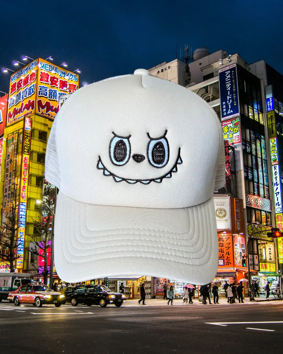 Monster Face Trucker Hat - White with Cartoon Character Design, Comfortable Fit, Stylish and Unique Look