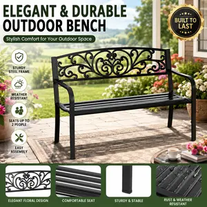 Outsunny 50 Inch Metal Garden Bench 2 to 3 Person Heavy Duty Outdoor Bench Front Porch Seating Floral Pattern Backrest Slatted Seat Black Weatherproof Patio Furniture for Lawn Yard Park and Summer Backyard Decor