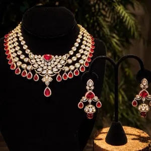22K Gold Plated 2-Piece Red Statement Necklace Set | Doublet Jewelry | Moissanite & AD Accents #007