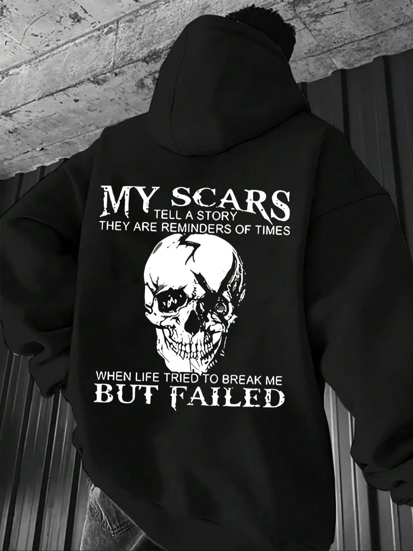 [Skull Graphic Hoodie] Comfortable Men's Skull Graphic Hoodie - "My Scars Tell a Story" Print, Long Sleeve, Casual, Streetwear & Versatile Top - Fall/Winter Drawstring Hood, Men's Fall Outfits & Winter Outfits