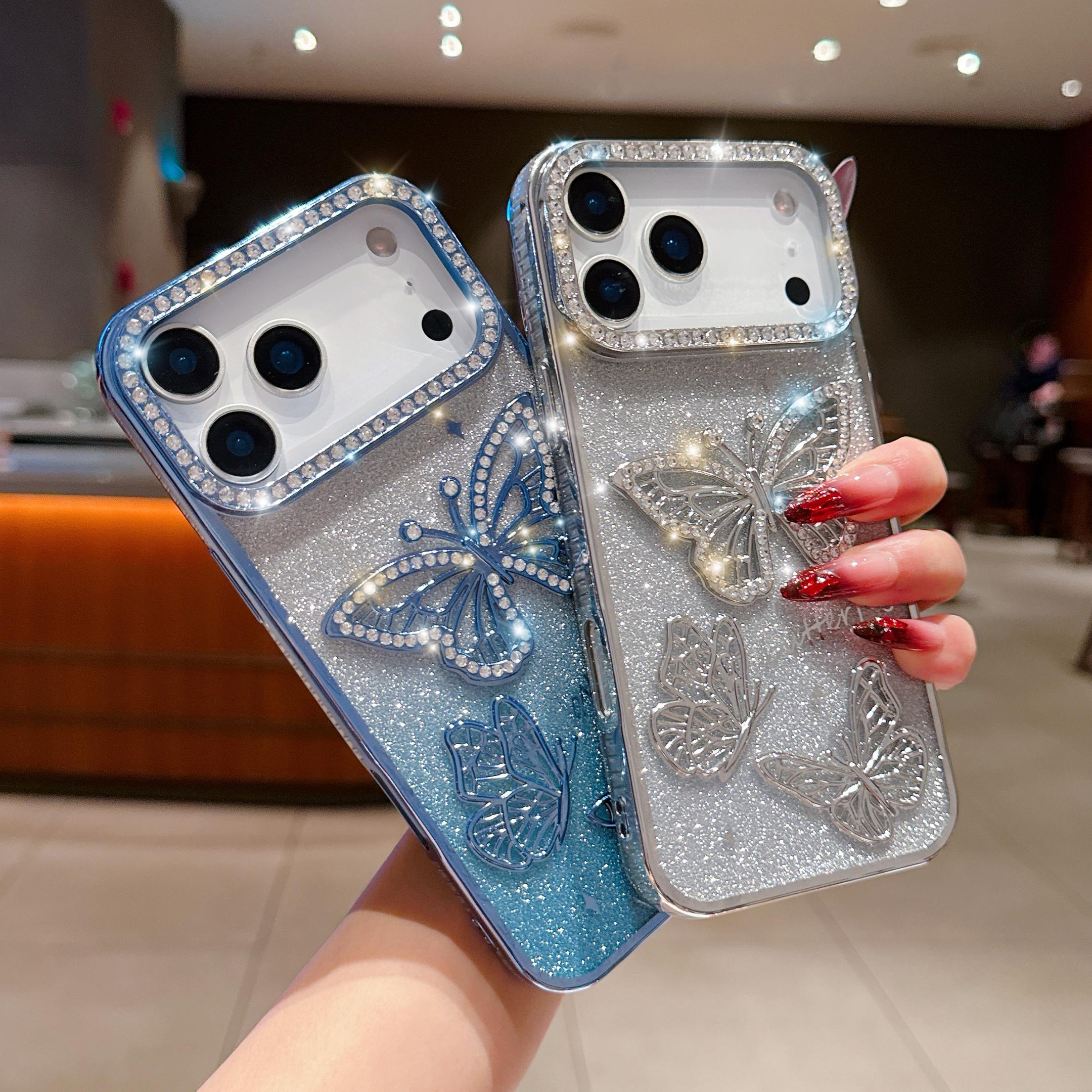 3D Inlaid Rhinestone Butterfly Phone Case – Compatible with iPhone 17/16/15/14/13/12 | Gradient Glitter Electroplated Finish, Transparent Full-Cover Soft Silicone, 3D Inlaid Rhinestone Protective Case