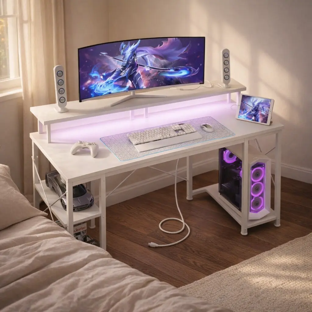 48-in Gaming Desk (Desks for Gaming) - Commercial & Office Furniture with LED Lighting, Power Socket, Monitor Stand, App Control Device, Headphone Hook, Gaming Desks