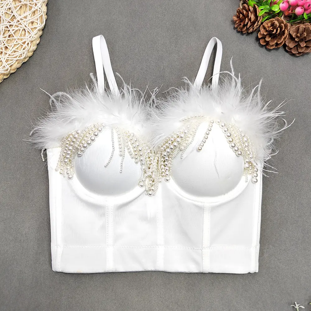 Women's Sexy Feather Corset Top - Backless Bustier with Hand-Stitched Beaded Tassels, Women's Clothes for Holiday Party, Nightclub Wear