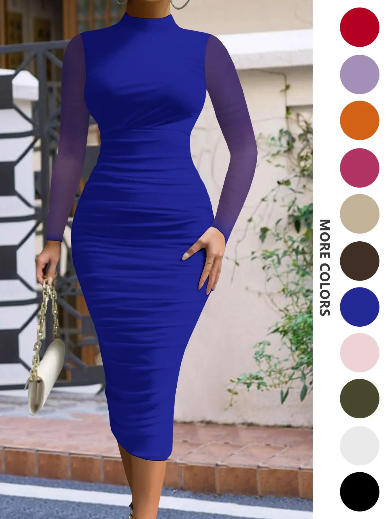 Women's Plain Ruched Mock Neck Bodycon Dress, Chic Elegant Long Sleeve Mesh Midi Dress for Party Women's Plain Ruched Mock Neck Bodycon Dress, Chic Elegant Long Sleeve Mesh Midi Dress for Party