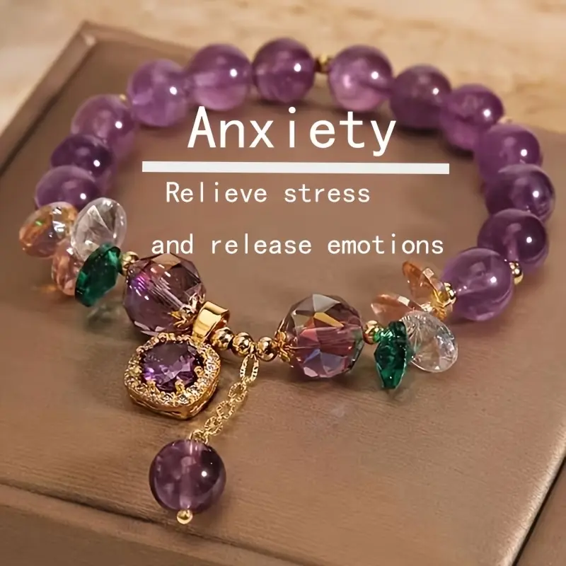 Healing Crystal / Purple Natural Bracelet for Anxiety Relief, with Cube Decor - Stylish Jewelry in Purple and Gold Tones