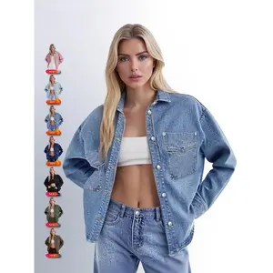 Women's Plain Drop Shoulder Long Sleeves Denim Jacket Coats, Casual Outerwear With Pockets For All Seasons