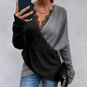 Women’s Colorblock V-Neck Long Sleeve Ribbed Top Contrast Lace Wrap Pullover Blouse Tee