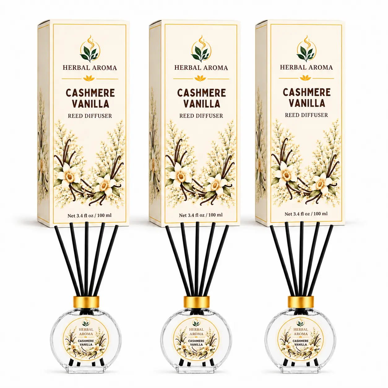 Herbal Aroma Cashmere Vanilla Reed Diffuser Set, 3 Pack Home Fragrance Diffusers, 100 mL Each, 300 mL Total, Decorative Reed Diffusers for Home, Bedroom & Office