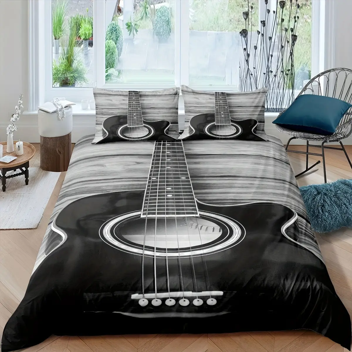 2/3 Set Duvet Cover Set (1* Duvet Cover + 1/2* Pillowcase, No Core Included), Vintage Guitar Print Bedding Set, Soft and Comfortable Bedroom and Guest Room Bedding