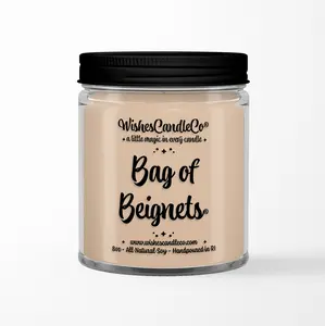 Bag of Beignets 8oz Soy Candle With FREE Hidden Pin Inside Wax - Port Orleans - New Orleans - French Quarter - Louisiana - Dessert - Wishes Candle Co - Gift