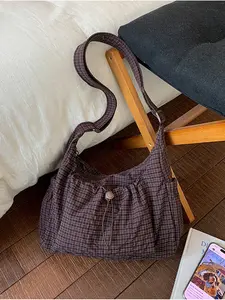 Women's Plaid Crossbody Bag Casual Multi-functional Foldable Zipper Closure Adjustable Strap Tote Bag for Daily Use School College Simple Cute Pleated Multi-pocket Drawstring Front Pocket Canvas Bag Casual Lightweight Bag