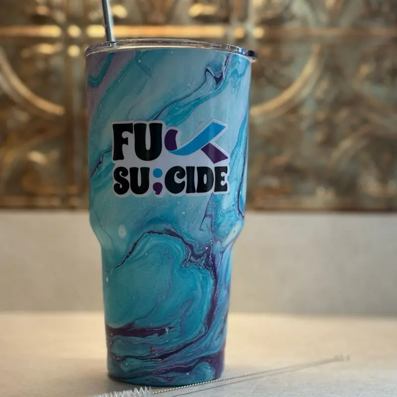 Suicide Awareness Tumbler - 30oz. Hydro-dipped in purple / teal to create a marble effect. Decals to choose from!