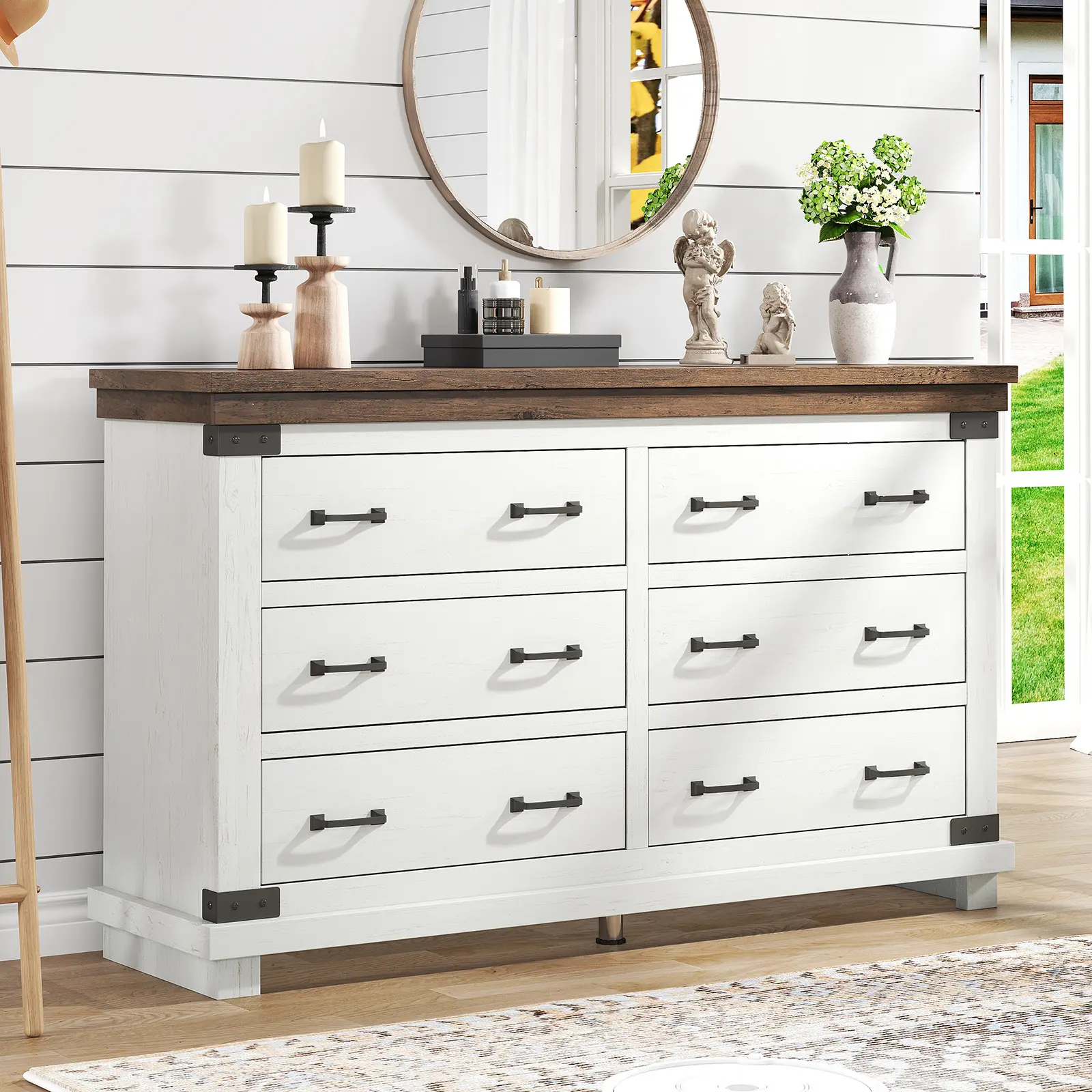 AMERLIFE Farmhouse Dresser Chests for Bedroom, Wood Large Chest of Drawers/w Thick Plank Styling, Rustic Heavy Duty Closet Storage Dresser Organizer, Living Room, Hallway