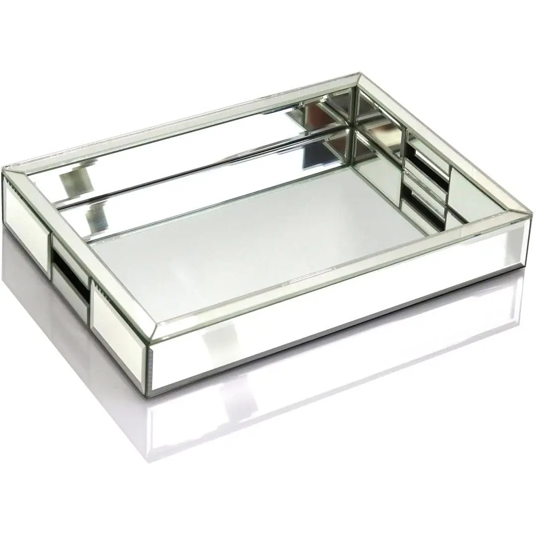 qmdecor Silver Glass Rectangle Vanity Tray (11" L x 14" W x 2" H) - Handled Bathroom Organizer with Black Soft Velvet Bottom, Easy-to-Clean Jewelry/Perfume Holder, Decorative Mirror Tray for Bedroom, Large-Cap Gift for Thanksgiving/Birthday